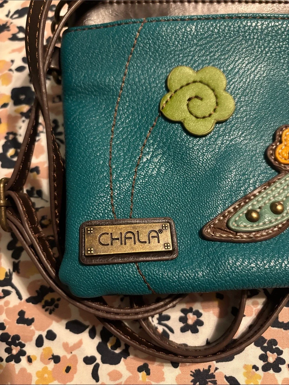 Chala Teal Dragonfly Applique Crossbody Bag with Brown Strap